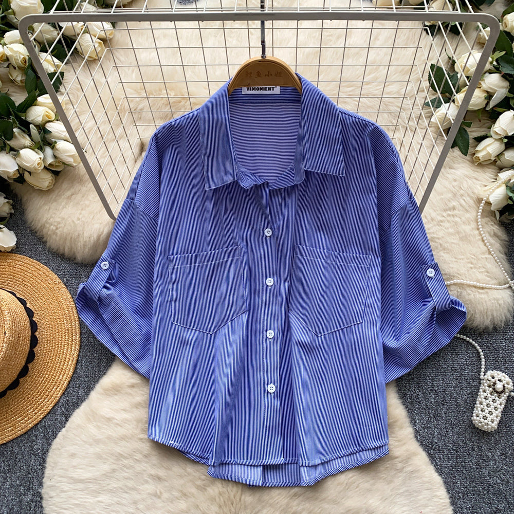 Korean style commute-ready striped shirt: breathable, skin-friendly, women's  summer short-sleeve loose-fit cardigan, solid color, elegant top