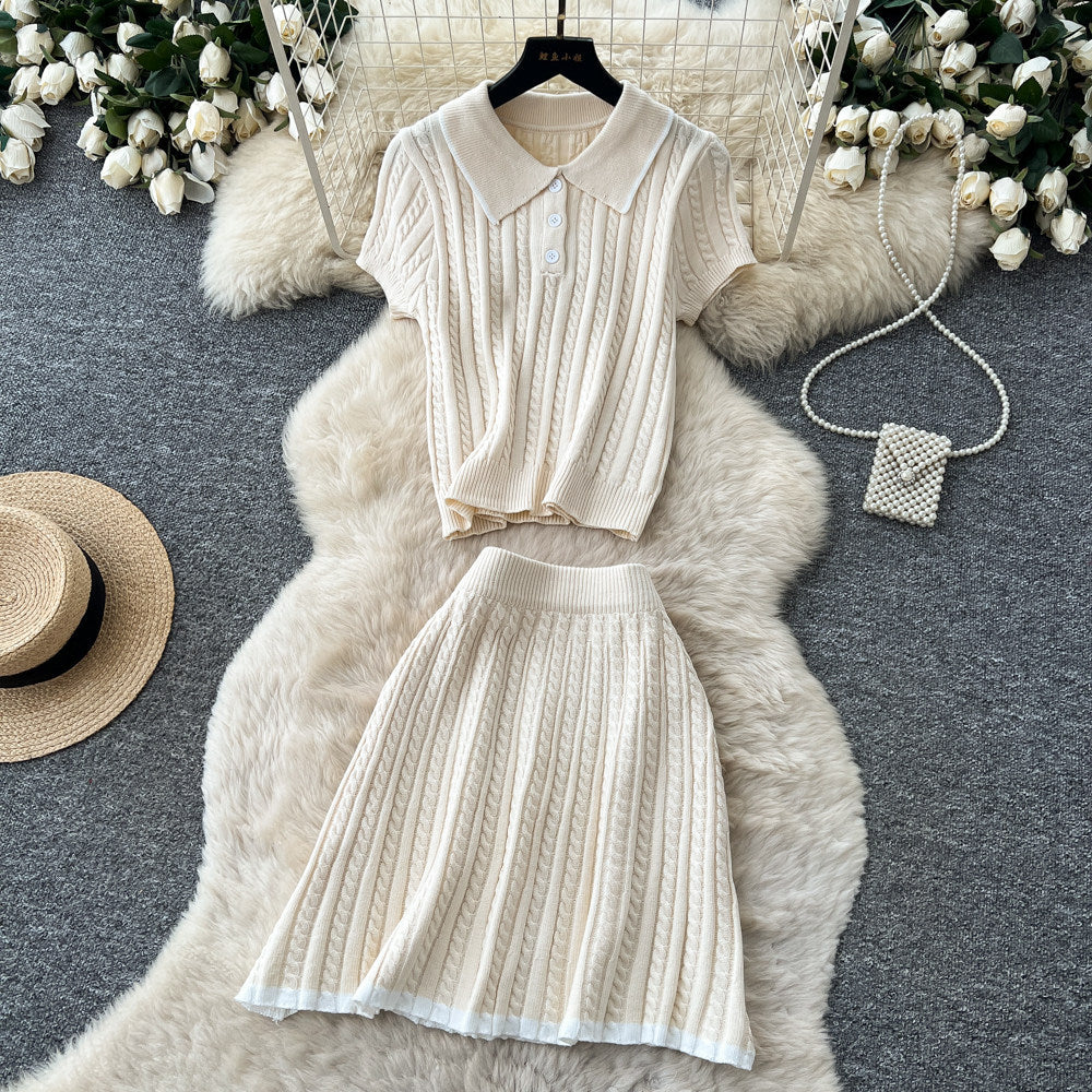 Preppy style polo collar knittingtwo-piece set female summerwork clothing styleslimming look short-sleeved topselegant skirt suit