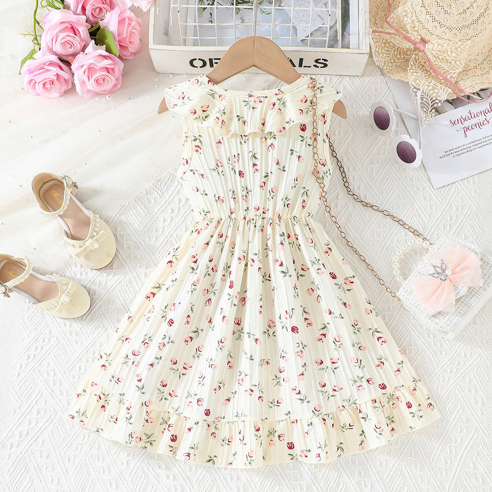 summer new arrival: girls' solid beige floral print ruffle collar dress with belt - ready stock wholesale