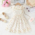 summer new arrival: girls' solid beige floral print ruffle collar dress with belt - ready stock wholesale