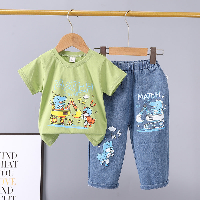 Summer  new arrivals: 0-5 year old kids' cartoon car & animal print crewneck short sleeve & denim pants two-piece cotton set