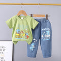 Summer  new arrivals: 0-5 year old kids' cartoon car & animal print crewneck short sleeve & denim pants two-piece cotton set