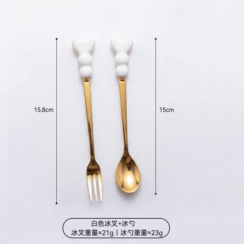 Wow, love handle dessert fork and spoon girl heart afternoon tea spoon high temperature resistant thickened ceramic handle fruit fork