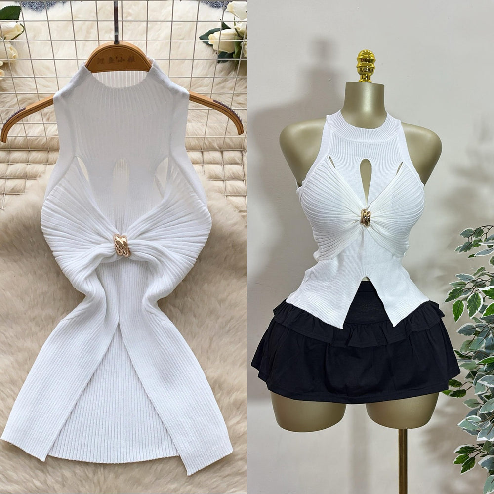 Accessible luxury thousand gold style classy sleeveless knitting vest women's summer metal twist design chic hot girl tops trendy
