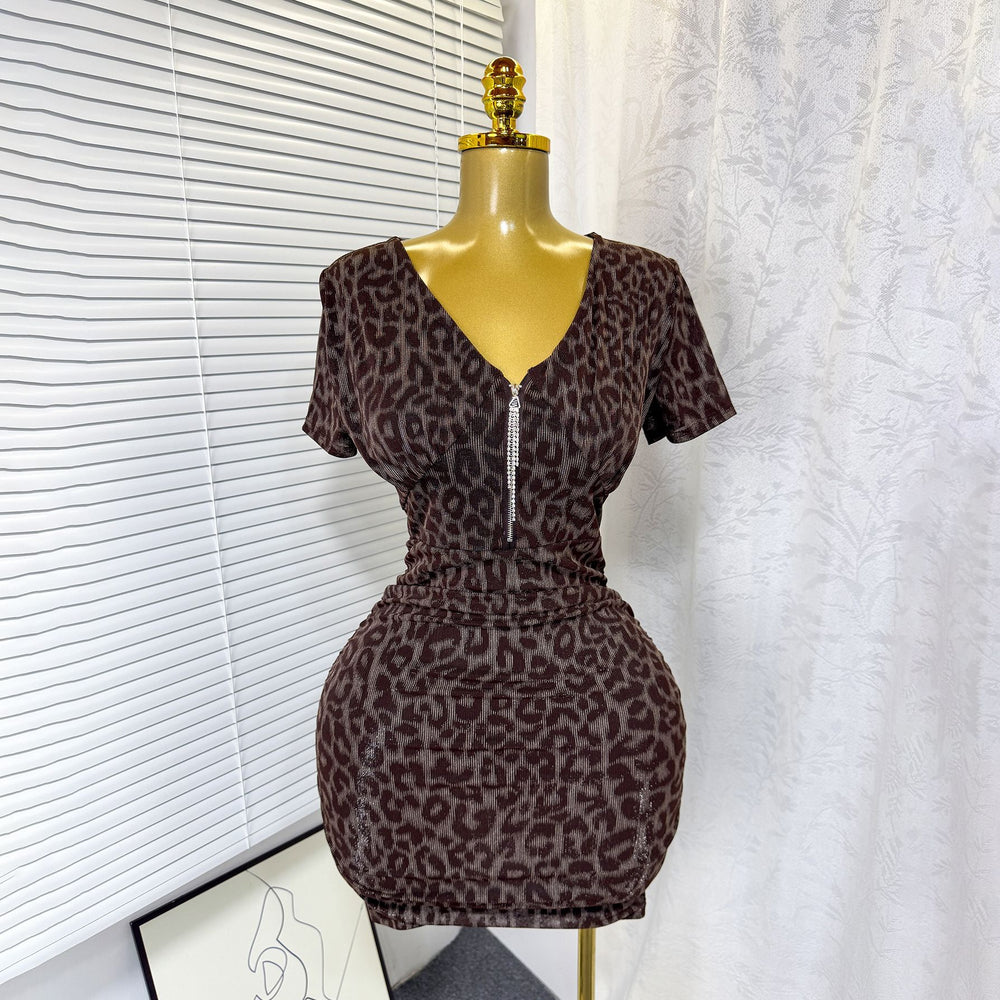Exportsummernew arrivalsexy silmv neck zipper elastic mesh dress leopard print printing hip skirt for women