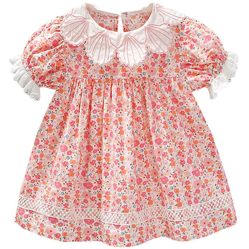 Princess dress for girls, baby summer pink floral dress, girls' dress with shell lace collar, elegant outing dress