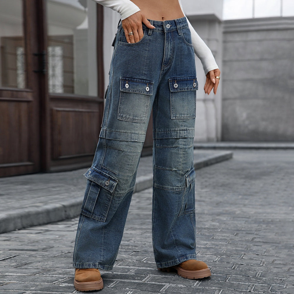 European and american cross-border women's spring/autumn new arrivals:  independent store washed heavy-duty multi-pocket denim cargo pants for women