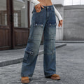 European and american cross-border women's spring/autumn new arrivals:  independent store washed heavy-duty multi-pocket denim cargo pants for women