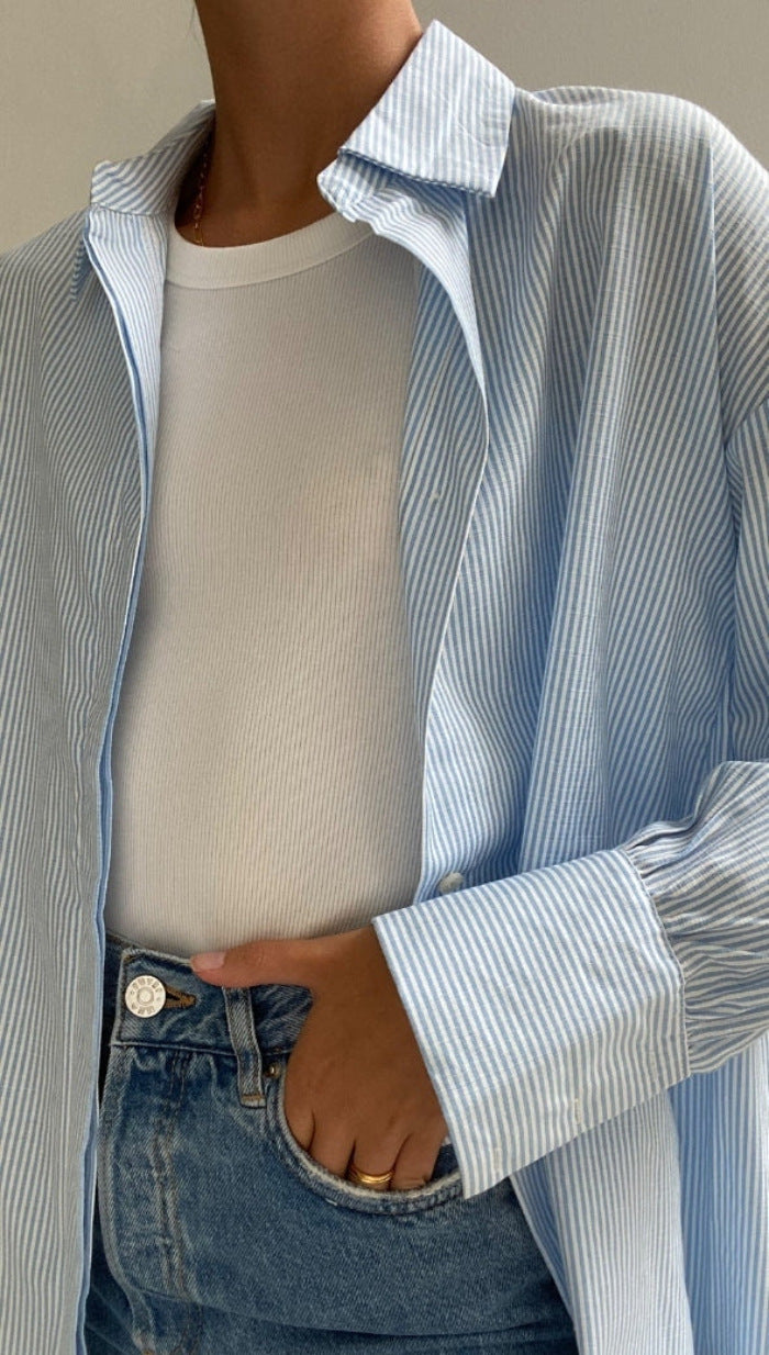 European and American autumn new blue striped shirt top  simple high-end commuter street long-sleeved cardigan