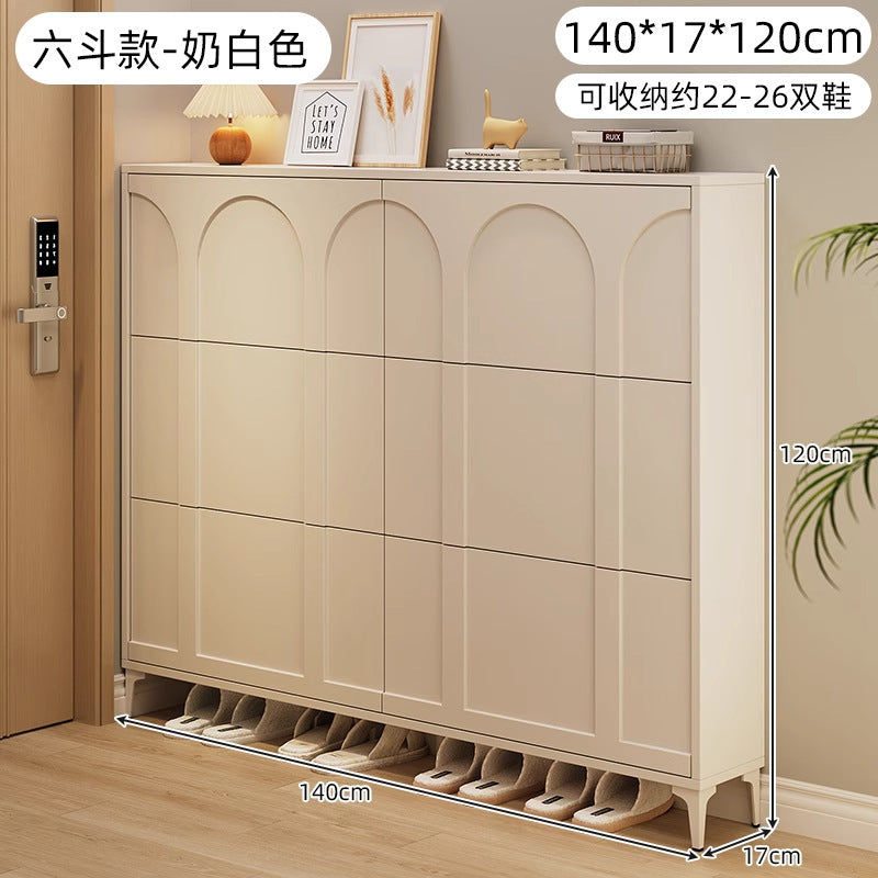 Ultra-thin tipping shoe cabinet cream style for home door small narrow entrance door shoe cabinet space-saving entrance cabinet all-in-one shoe rack