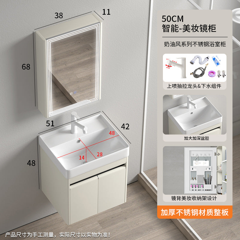 Stainless steel moisture-proof bathroom cabinet, smart mirror cabinet, washstand, ceramic integrated washbasin, deepen seamless washstand