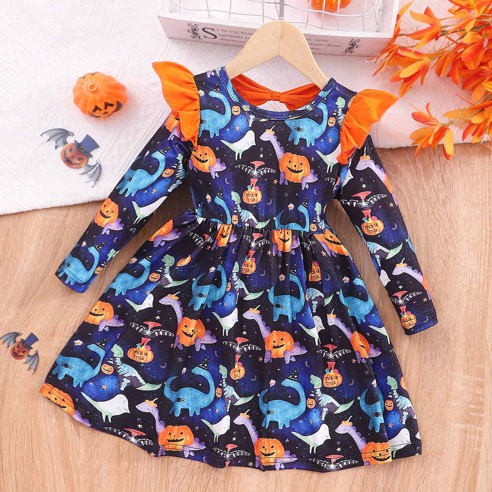 new arrivals: autumn/winter long-sleeve dress with bow and pumpkin/halloween print for toddlers and young children - dropshipping available