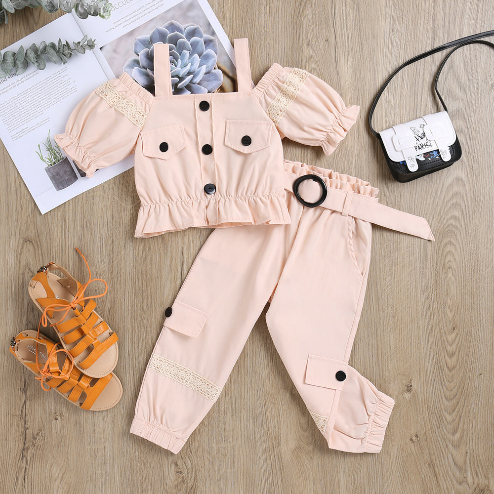 girls' summer woven cami top, off-the-shoulder, frosted button-down three-piece set with belt - toddler & little girl outfit - cross-border e-commerce