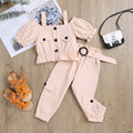 girls' summer woven cami top, off-the-shoulder, frosted button-down three-piece set with belt - toddler & little girl outfit - cross-border e-commerce