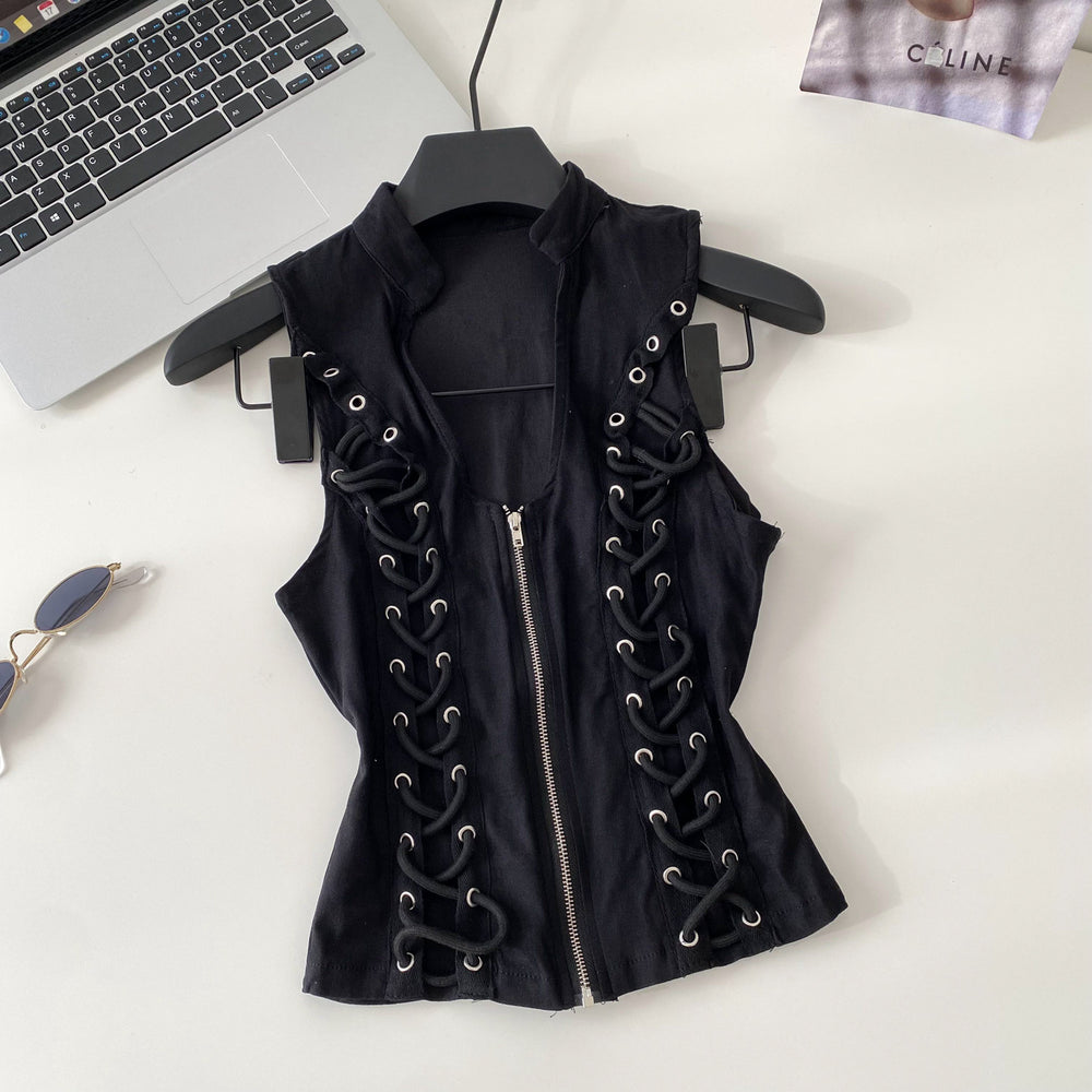 French chic ruffle trim top - women's designer sleeveless chiffon blouse with exquisite rhinestone embellishments and halter neck detail. a unique and elegant piece