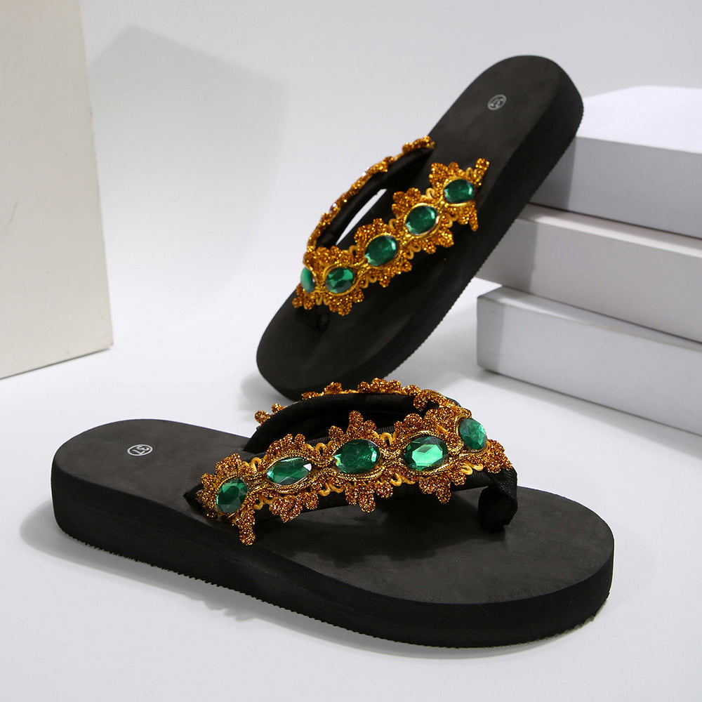 2025 new fashion bohemian rhinestone flip-flops - beach sandals with chunky sole and ethnic design