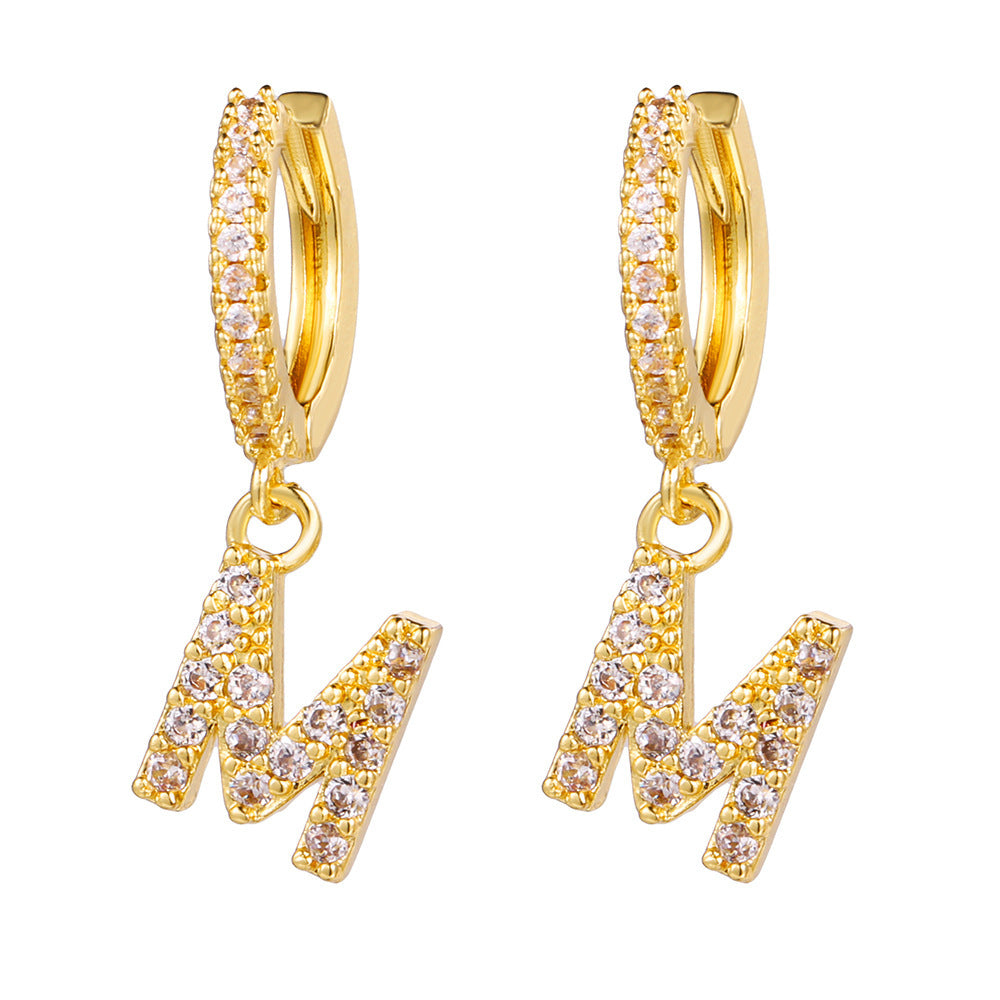 European and american gold-plated micro-paved zircon 26-letter initial pendant earrings - fashionable, unique, high-end, and chic hoop earrings with tassel detail