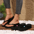 Women's summer flip-flops with medium heel, velvet upper, thin straps, handmade small rose flower detail, suitable for daily wear, non-slip, plus size beach sandals