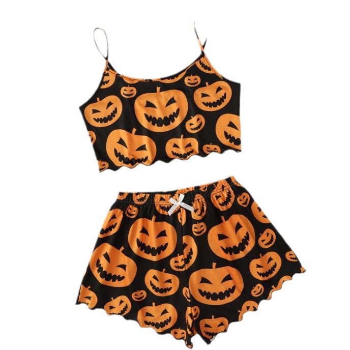 Fashion cross-border   fashion women's clothing skull hand printing suspender tops and shorts home wear suit