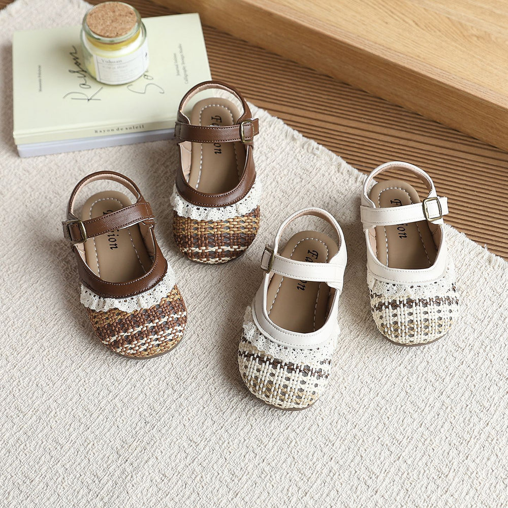 Girls' breathable new children's retro woven sandals summer closed-toe mary jane sandals lace soft sole beige