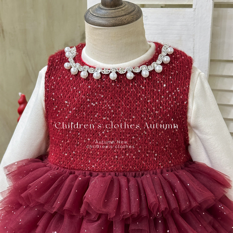 Girls' dress:  winter fashionable pearl red fleece-lined vest cake skirt two-piece set, first birthday outfit