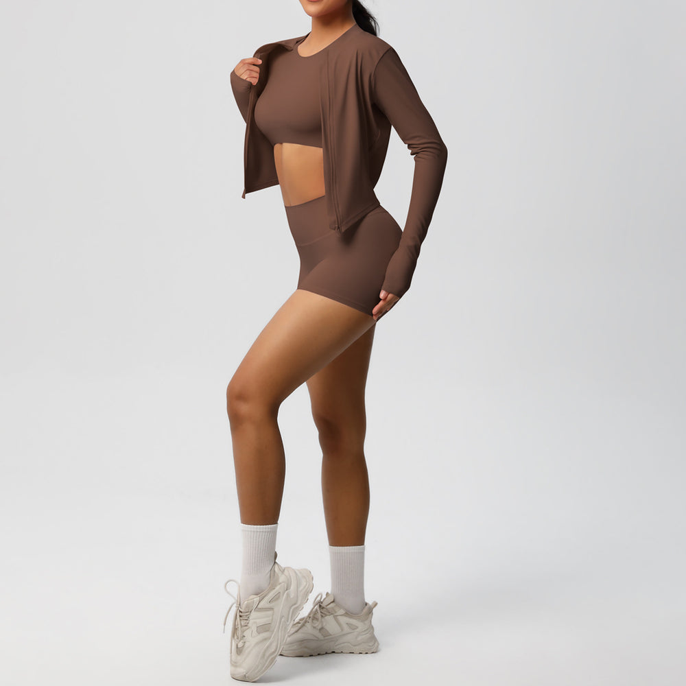 New arrival: solid color, barely-there feel, brushed long-sleeve outerwear, slim-fit three-piece activewear set for running, fitness, and yoga