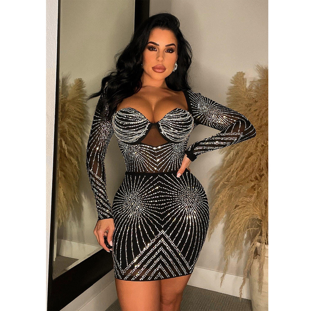 C6243 cross-border   fashion women's solid color mesh rhinestone long sleeve mini dress