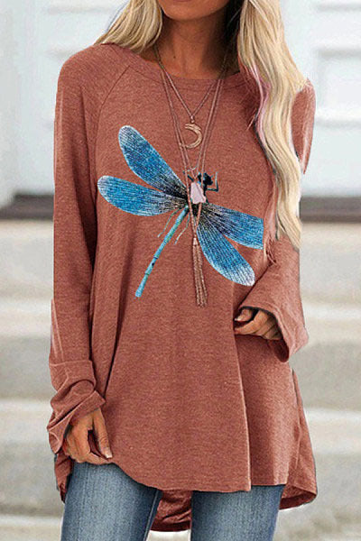 2025 amazon wish european and american new women's long-sleeve crew neck dragonfly print plus size t-shirt - casual and versatile