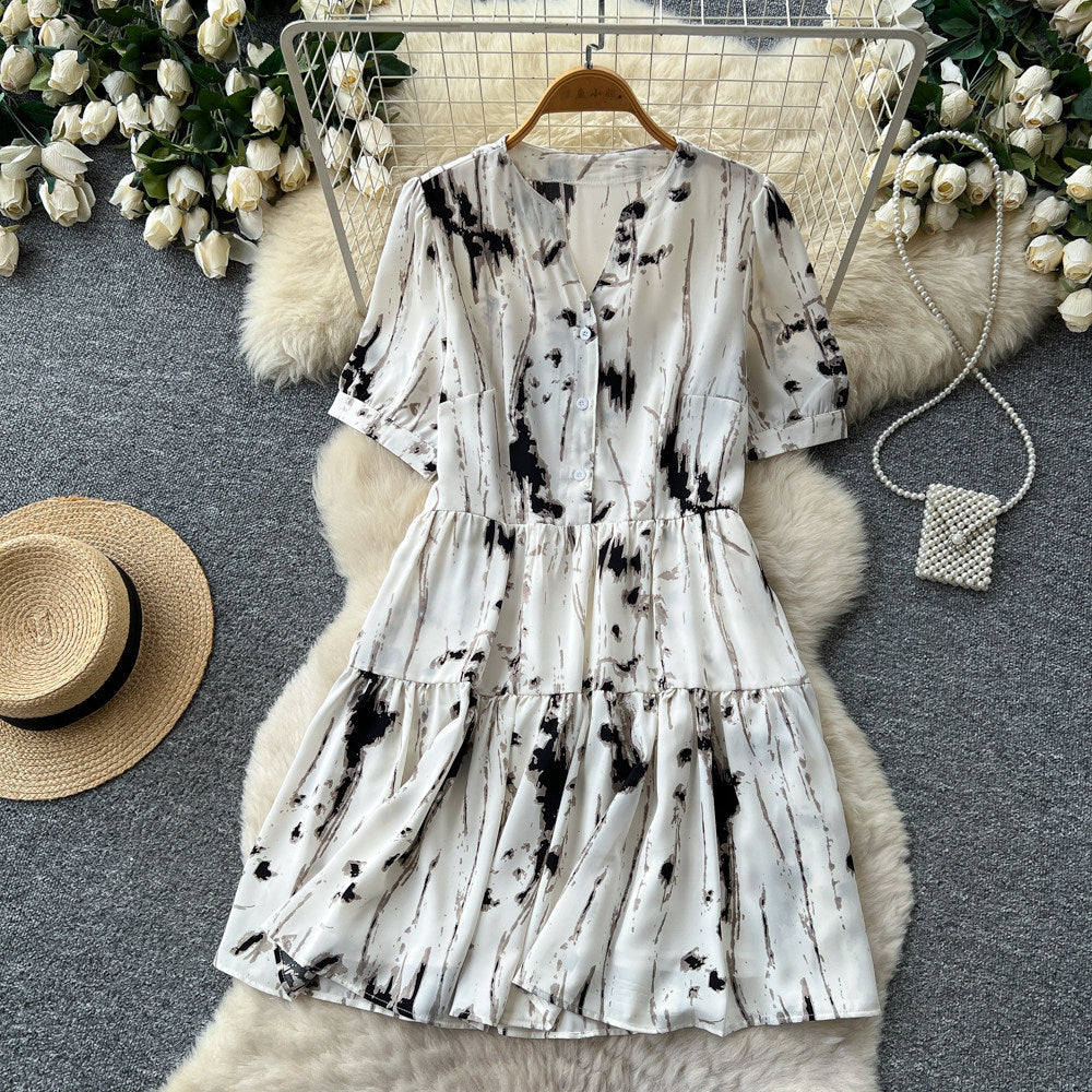 Vintage ink wash v-neck short sleeve a-line dress - women's summer korean style printed slimming design commute chic maxi dress