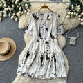 Vintage ink wash v-neck short sleeve a-line dress - women's summer korean style printed slimming design commute chic maxi dress