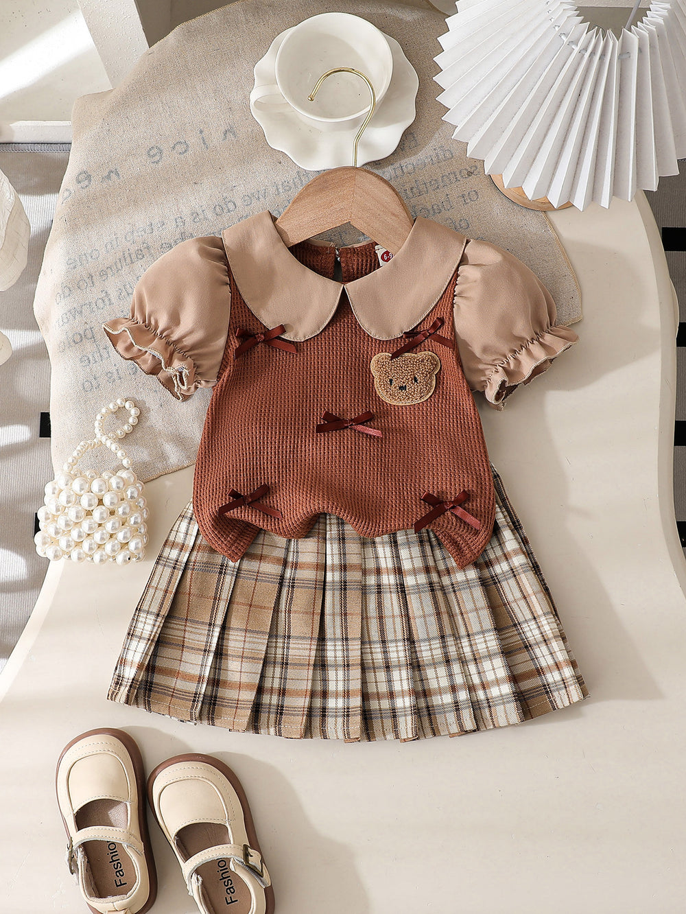 spring newborn & toddler preppy style shirt knit patchwork princess sleeve top & plaid pleated skirt two-piece set