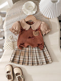 spring newborn & toddler preppy style shirt knit patchwork princess sleeve top & plaid pleated skirt two-piece set