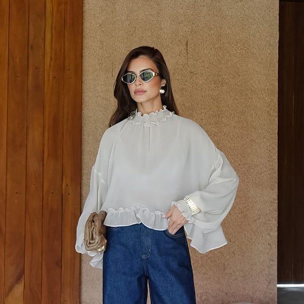 2025 autumn and winter fashion explosion gray chiffon outer wear sexy perspective round neck long sleeve loose temperament casual shirt