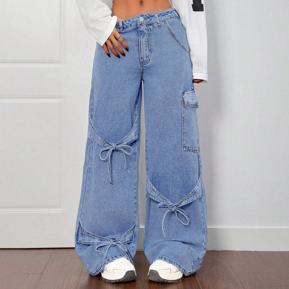 e-commerce  us & european design bow tie workwear style jeans women's casual straight-leg pants wide-leg pants