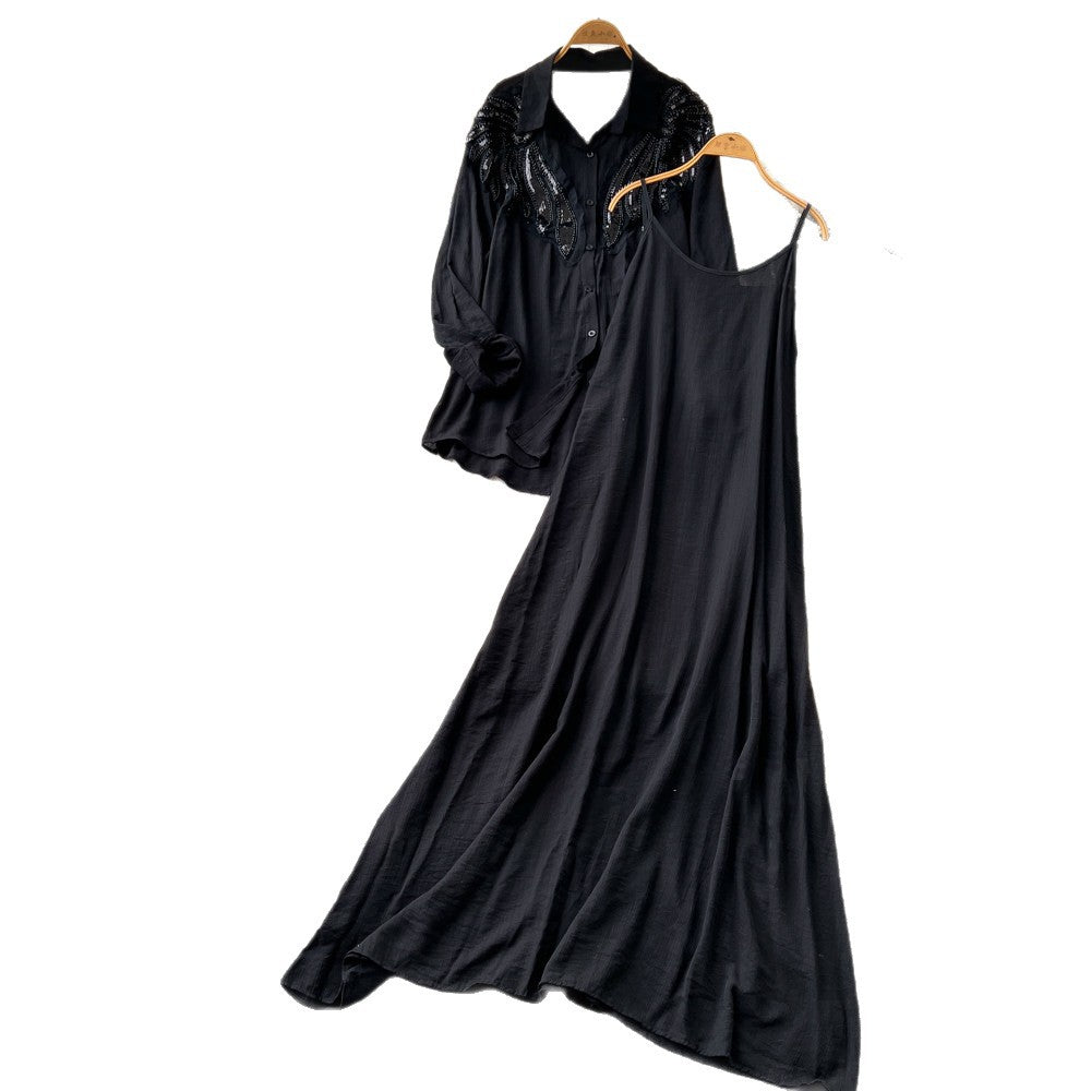 French lazy style heavy industry embroidered beaded lapel shirt suspender dress for women 2026autumtwo-piece setelegantslimming look