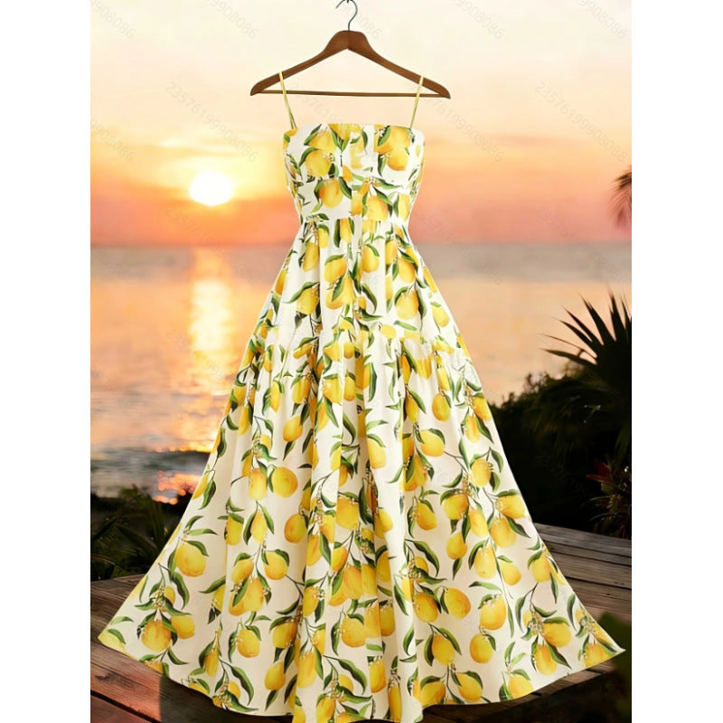 Women's summer new fashion vacation fruit print ruched waist a-line maxi dress