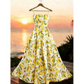 Women's summer new fashion vacation fruit print ruched waist a-line maxi dress