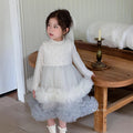 Girls' dress  autumn new collection: chanel-inspired tweed vest dress with lace-trimmed top and mesh skirt set