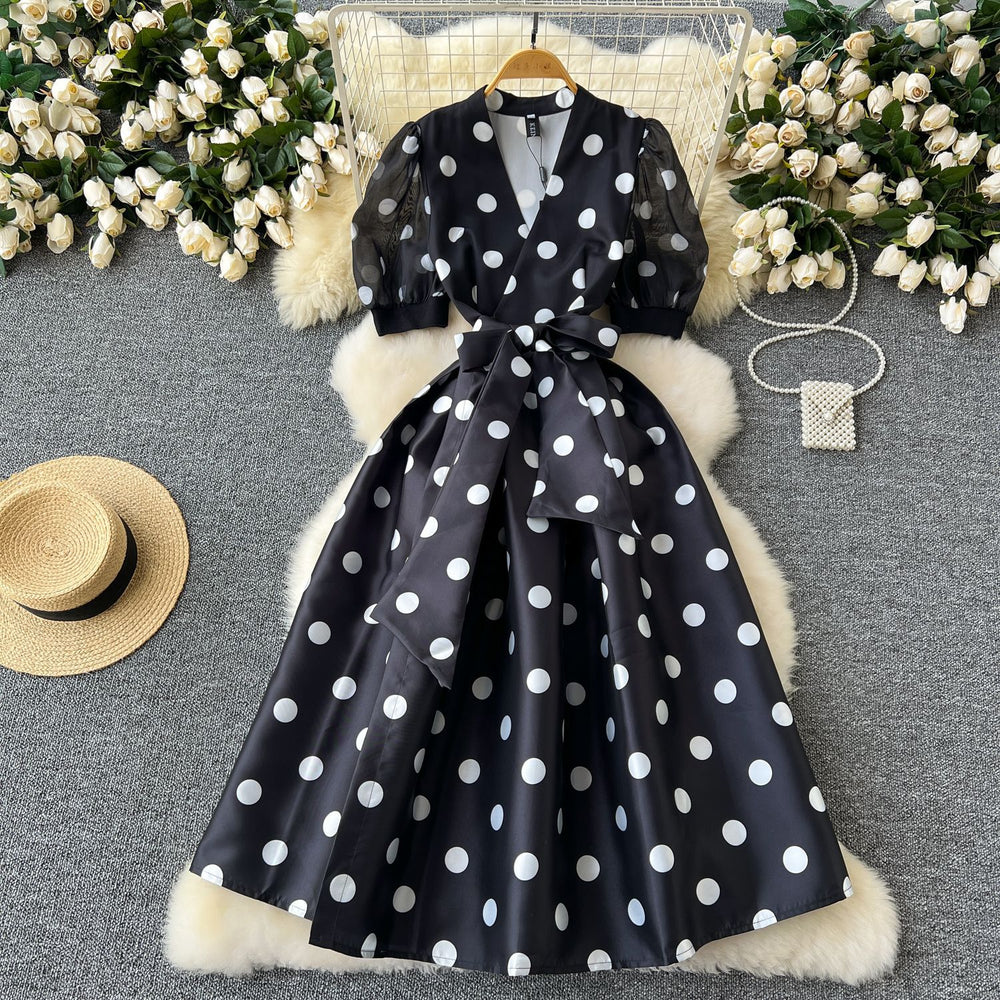 Evening gown women's high-end luxury socialite puff sleeve dress, designer cinched waist tie-up fluffy french maxi dress