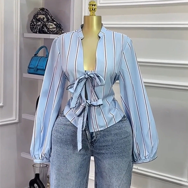 European and american cross-border women's fashion:  autumn new collection - stylish tie-neck v-neck striped slim-fit bubble sleeve blouse top