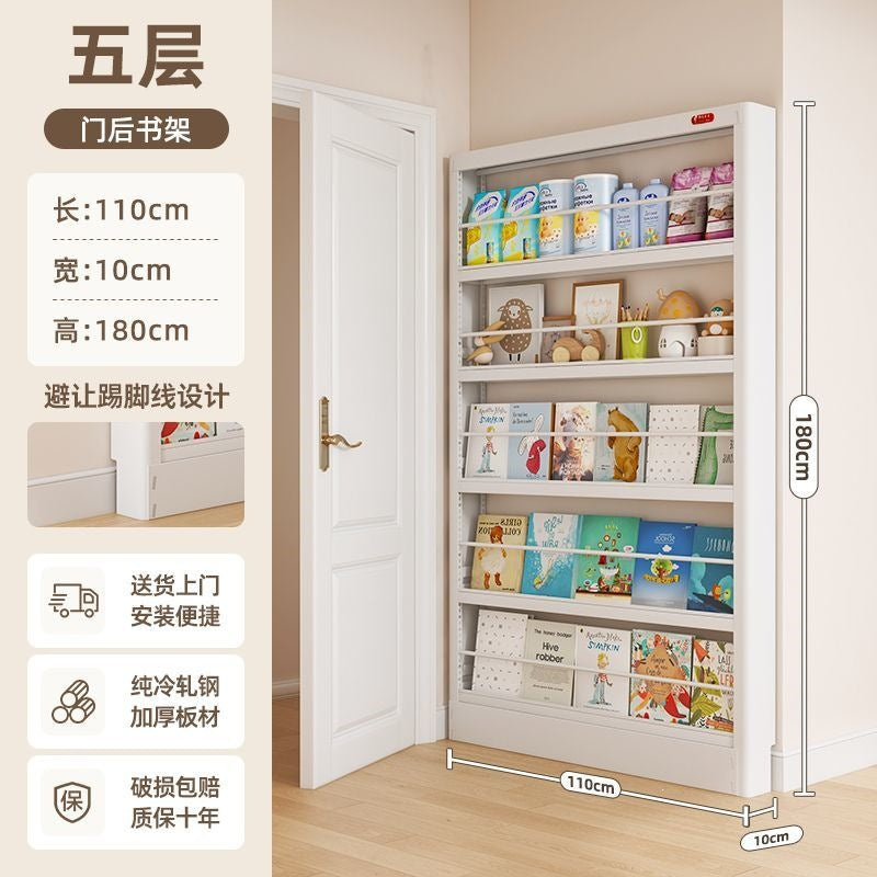 Behind-the-door bookshelf, ultra-slim over-the-door organizer, steel kids' storage rack for picture books, home wall bookshelf