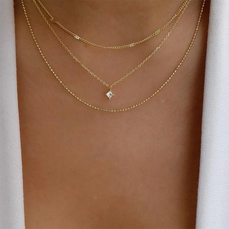 Square diamond necklace wholesale fashion cross-border sweater chain accessible luxuryclassy sense of small crowd multi-layered wearing chain clavicle chain for women