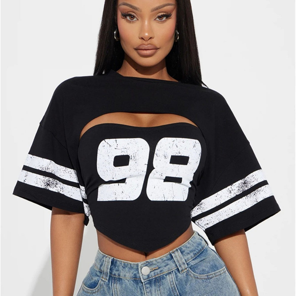 New arrival:  summer cross-border casual loose fit sporty print bandeau hot girl pullover short sleeve top t-shirt for women