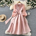 Luxury chic v-neck embroidered elegant dress - women's summer long sleeve tie-waist a-line dress - elegant and refined