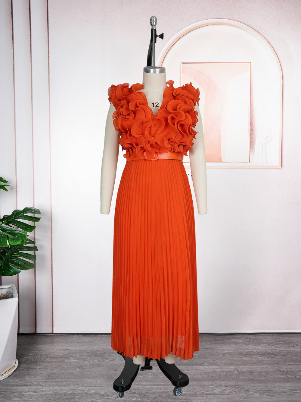 Fashion cross-border women's clothing african plus sizenew arrival stereo flower sleeveless high waist pleated skirt dresselegantdress