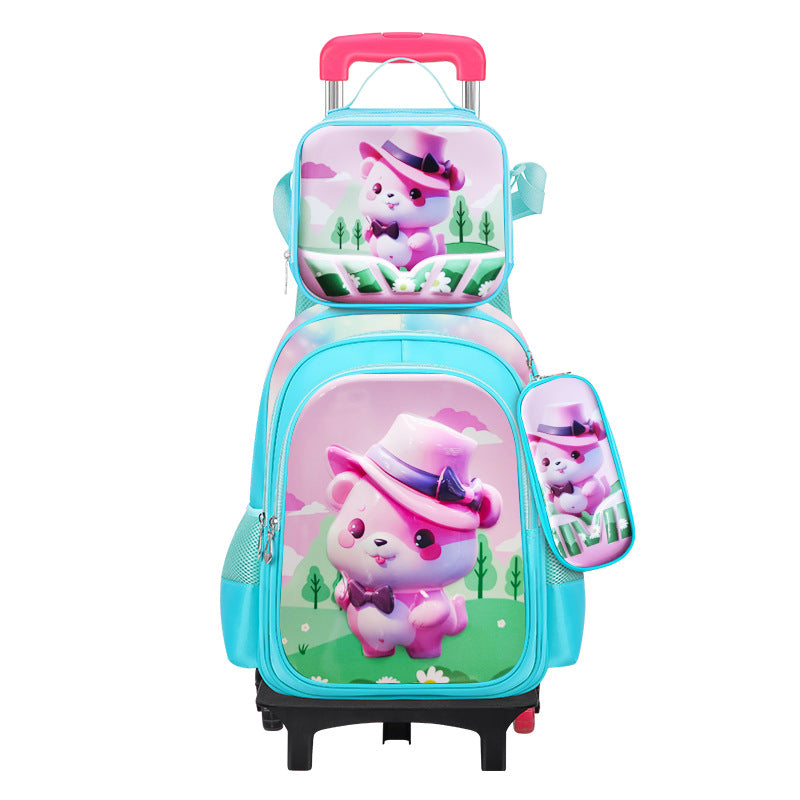 New 3d leather elementary school nylon fabric three-piece set kids' trolley backpack foreign trade lunch bag factory in stock