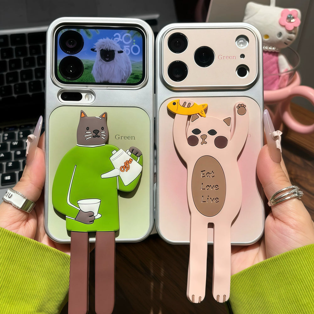 Coffee maker cat foldable stand compatible with apple 17 pro max phone case - "fish catching cat" iphone 16 soft case