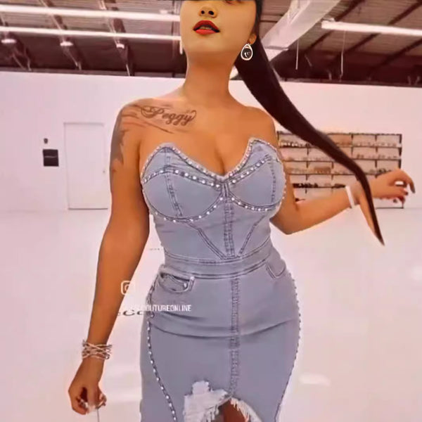 Cross-border new  European and American washed denim dress hot drilling split fork grinding tube top sexy women's long dress