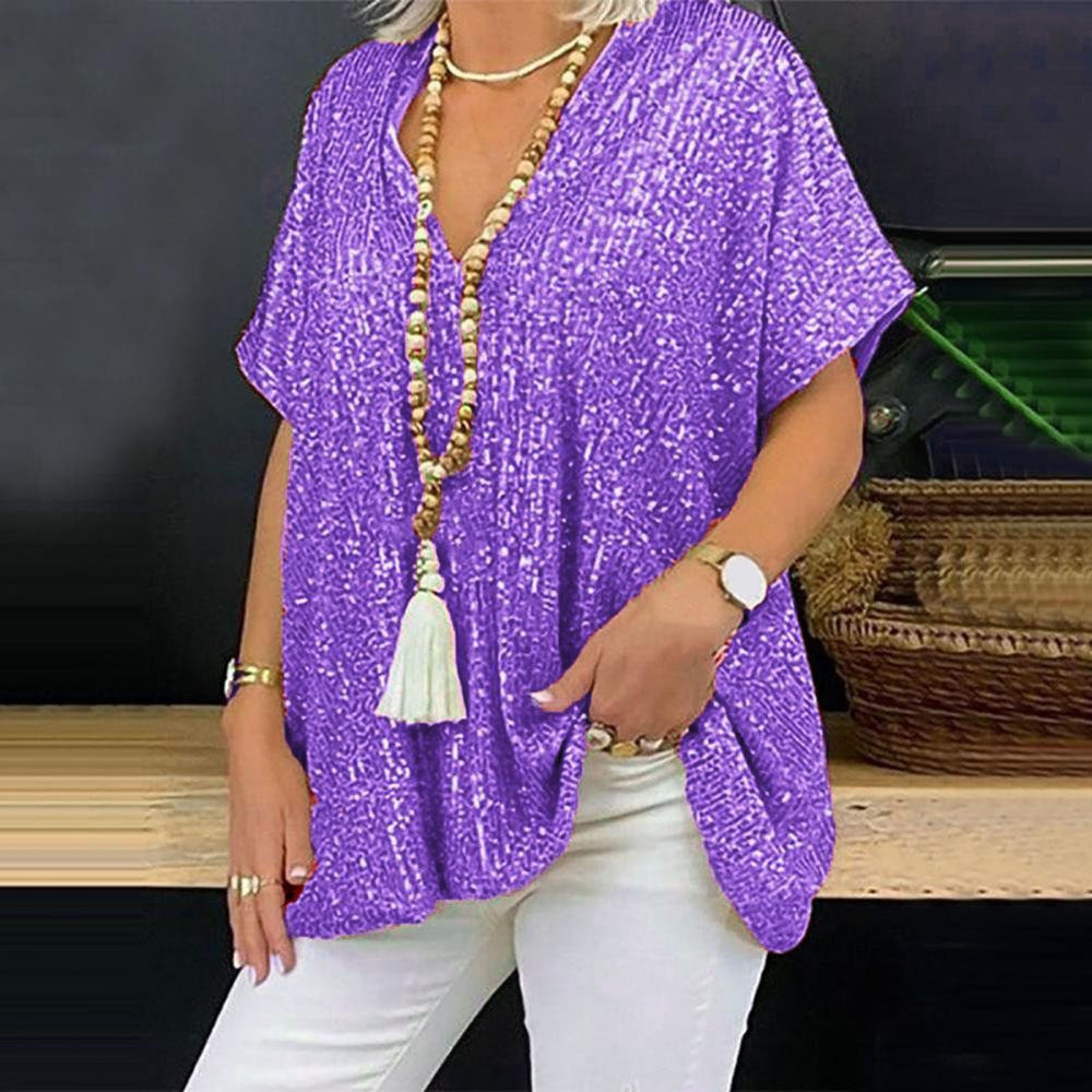new european and american  style short-sleeve urban casual loose fit pullover sequin v-neck t-shirt top for women