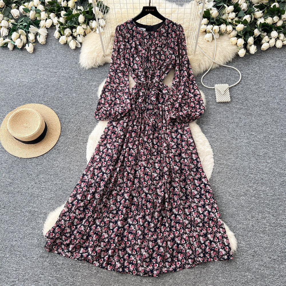 French romantic style printed dress - women's spring/autumn slimming a-line pleated flowy maxi dress - commute chic